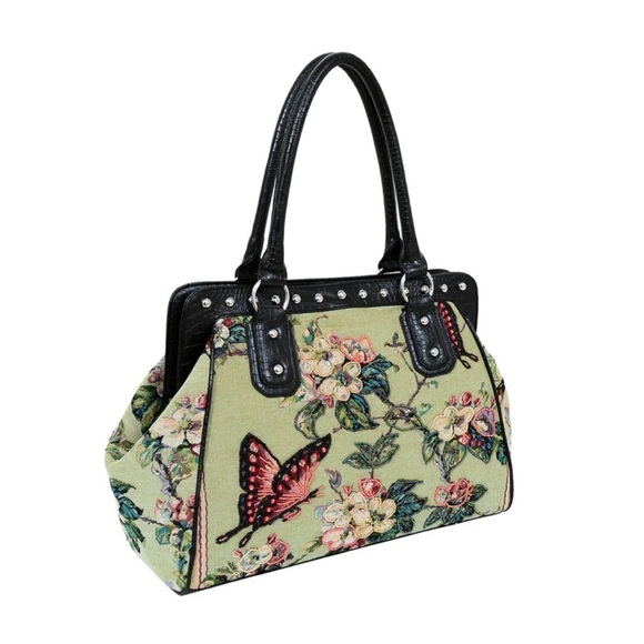 Mellow World Handbags - NWT mellow world butterfly, hand beaded weekend tote, green & bk. Vegan leather